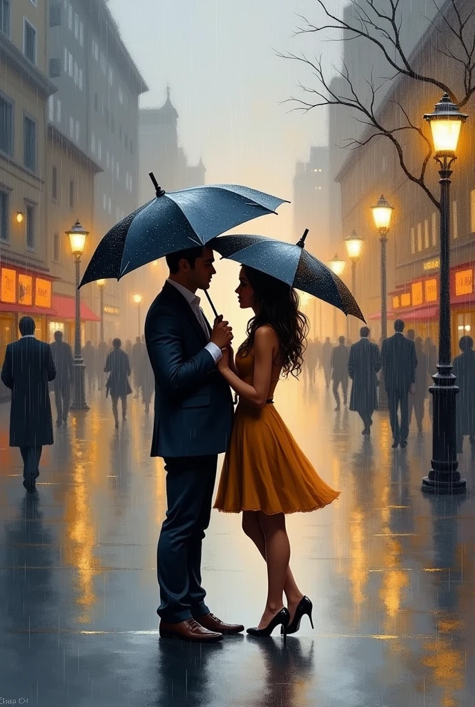 I would like to create an oil painting that depicts a couple holding umbrellas during a light rain.