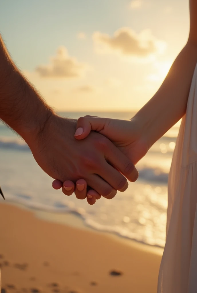 I want a male hand holding a delicate female hand with a beach background