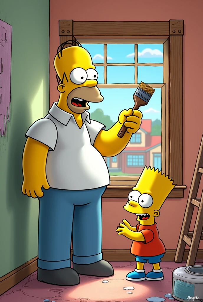 Homer painting the wall with Bart