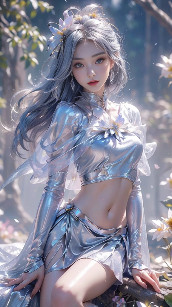 8k, masterpiece, 1 girl, beautiful face, very long hair, light makeup, (glossy skin), detailed eyes, detailed lips, small bust, short clothing, dragonfly, ((silver dragonfly clothing)), ((flowing cape)), light clothing, ((bare navel)), (flower falling:1.5), god rays, depth of field, ray tracing,