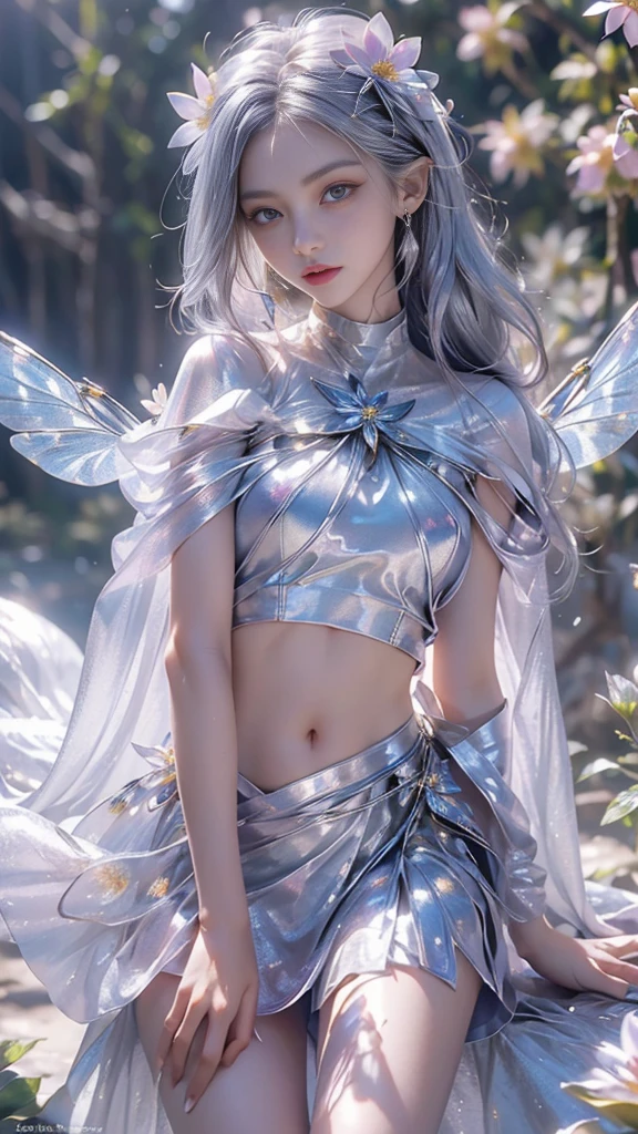 8k, masterpiece, 1 girl, beautiful face, very long hair, light makeup, (glossy skin), detailed eyes, detailed lips, small bust, short clothing, dragonfly, ((silver dragonfly clothing)), ((flowing cape)), light clothing, ((bare navel)), (flower falling:1.5), god rays, depth of field, ray tracing,