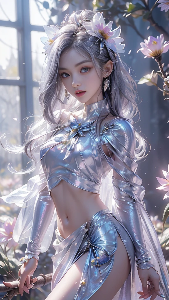 8k, masterpiece, 1 girl, beautiful face, very long hair, light makeup, (glossy skin), detailed eyes, detailed lips, small bust, short clothing, dragonfly, ((silver dragonfly clothing)), ((flowing cape)), light clothing, ((bare navel)), (flower falling:1.5), god rays, depth of field, ray tracing,