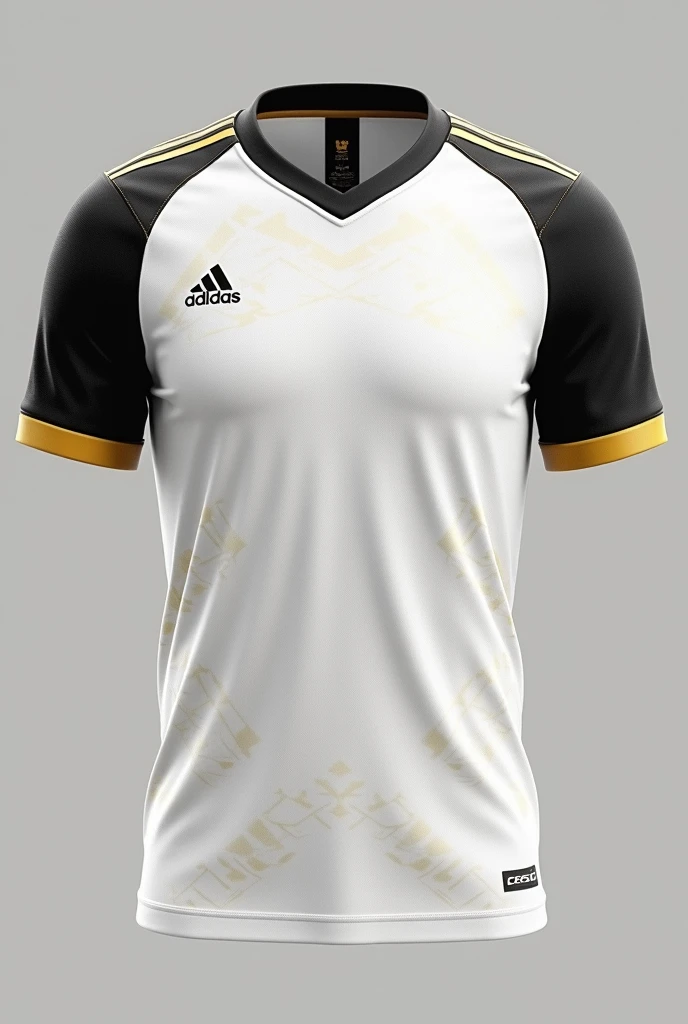 a soccer team uniform with the colors white, black and gold:
chemise:
Base: White with a subtle diagonal or geometric stripe pattern in a lighter shade of white for texture.
detaileds: Black collar and sleeve cuffs with gold detail.