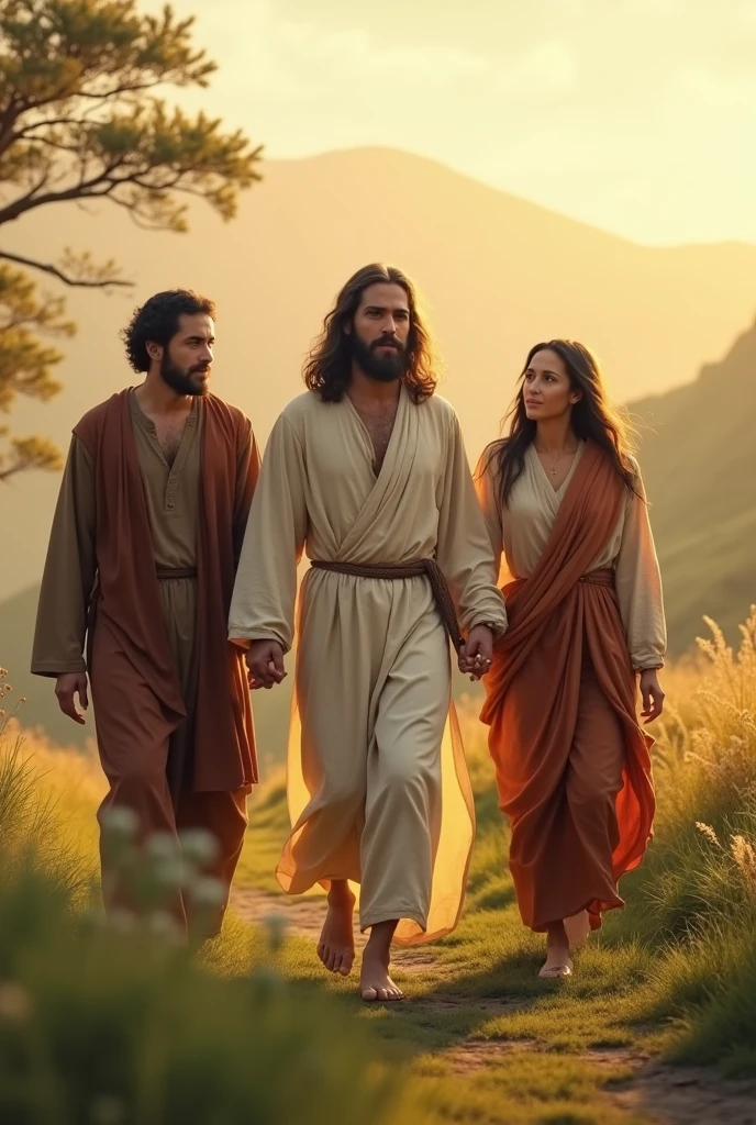 Jesus Christ walking and holding hands with a woman and a man
