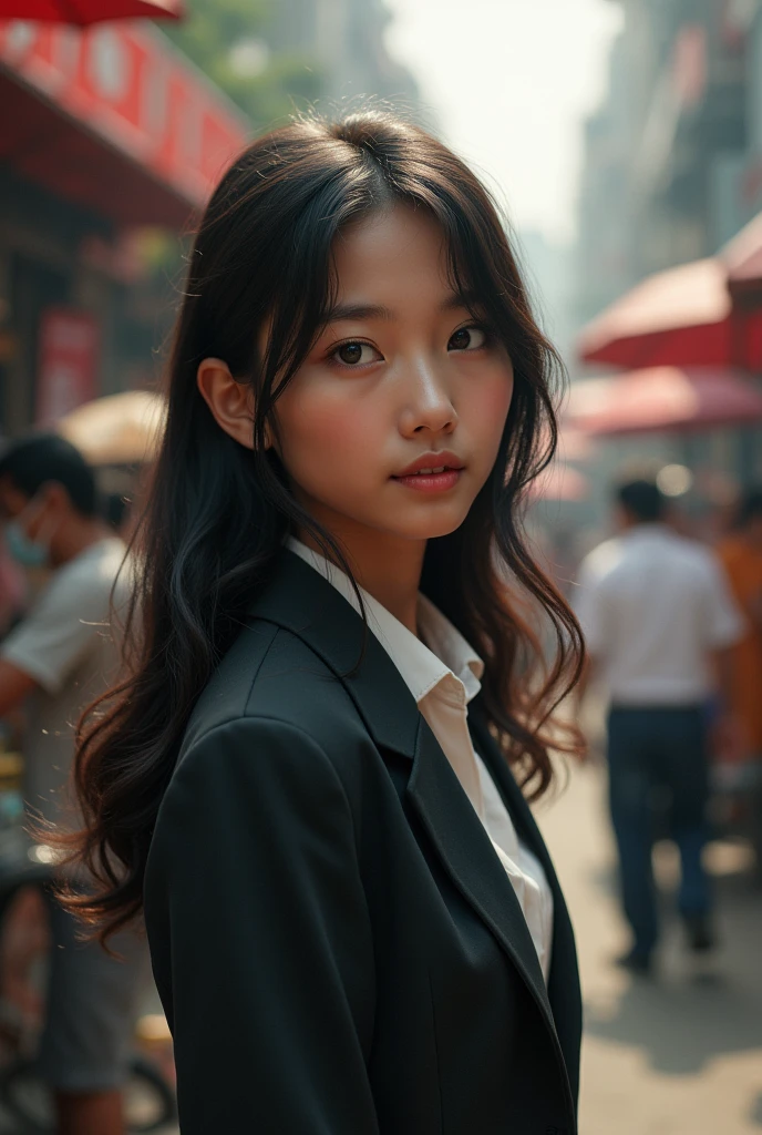 a real girl, the girl looks back wearing a three piece in the weather of dhaka