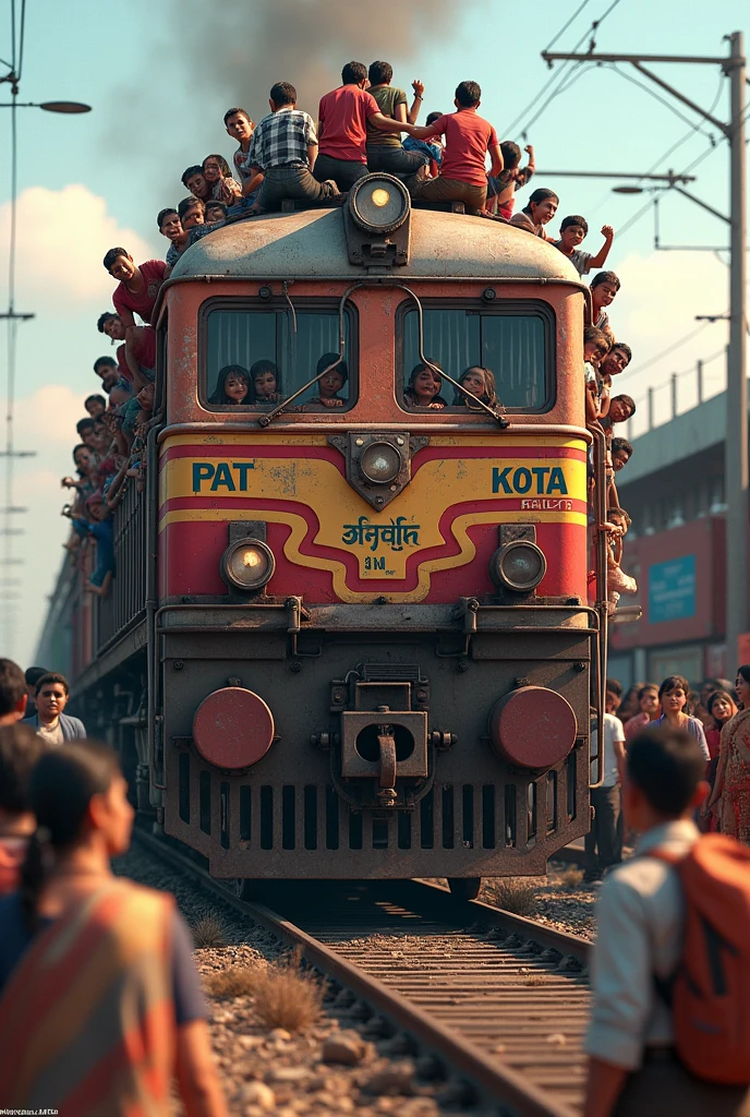 Create a 3d Train Make a photo of a train which is completely filled with passengers inside and outside, there should be passengers on top of the train and the name of the train should be Patna Kota.