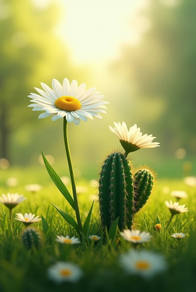 a white petaled daisy flower in a garden with a beautiful green field next to a cactus and hugging it