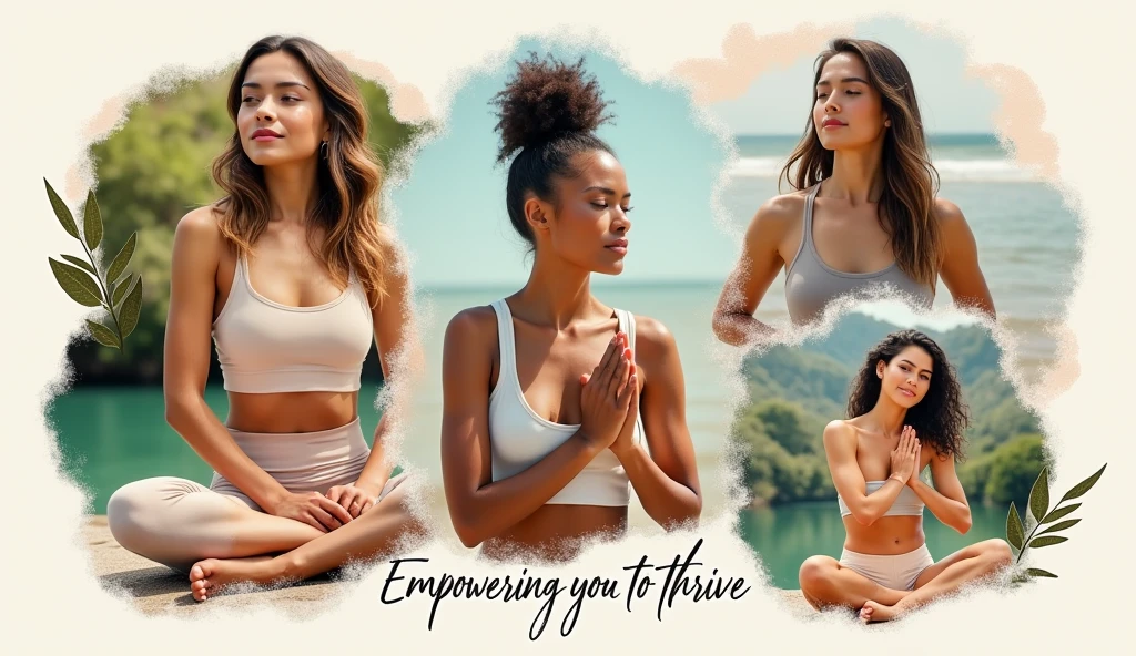A collage of inspirational images such as healthy meals, women exercising, and serene moments of self-care. The layout should be clean and organized to avoid feeling cluttered. “Empowering You to Thrive” in a bold yet graceful font, with the brand name placed prominently. Light neutrals like ivory, with pops of soft colors (blush pink, aqua blue) to keep it vibrant yet calming.