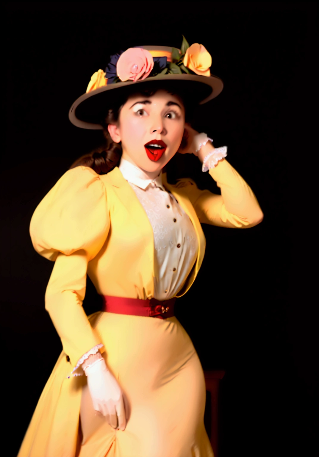 NSFW. Veronica Lodge as a sexy 15yo brunette nymphomaniac Gibson Girl (((buttfucked by a horny 69yo gentleman:1.5))). Year 1899. 1890_dr3ss. Yellow high-collar long sleeve shirtwaist, large hat lavishly topped with flowers and feathers, silk gloves, standing on a rail, pinky finger raised, sash cinched around her waist floor-length high-waisted skirt, petticoats, silk stockings, boots. Thotty demeanor. Hourglass figure. Large chest, 9in wasp waist, bubble butt. Gorgeous face, red lips. Gilded Age setting. Man wearing white three-piece business suit, trousers down, hairy balls 