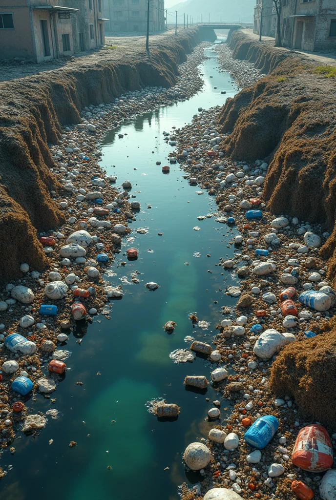 water channel contaminated with garbage seen from above without houses