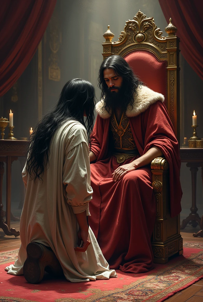 A former evil sorcerer, young man with long black hair, repentant and ashamed, is kneeling before a young king in acceptance and gratitude for the king's mercy and forgiveness.