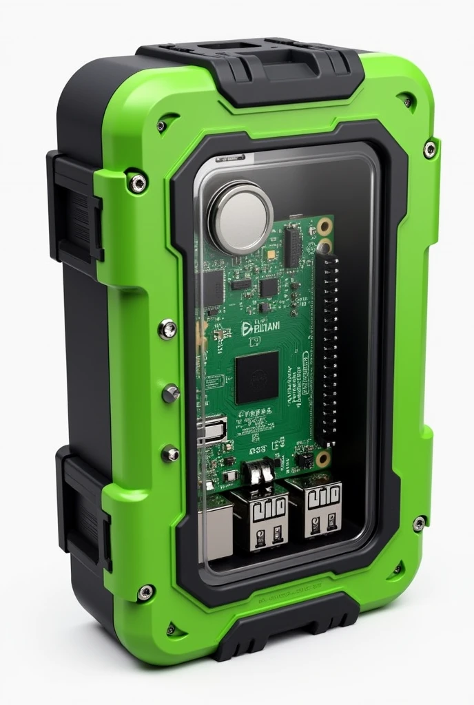 generate a small protective box that contains a raspberry pi and other components inside, Give it green and black colors and preferably have protection to submerge under water . The box must have a transparent section where you can see the Raspberry Pi and different types of sensors and cables connected to it.