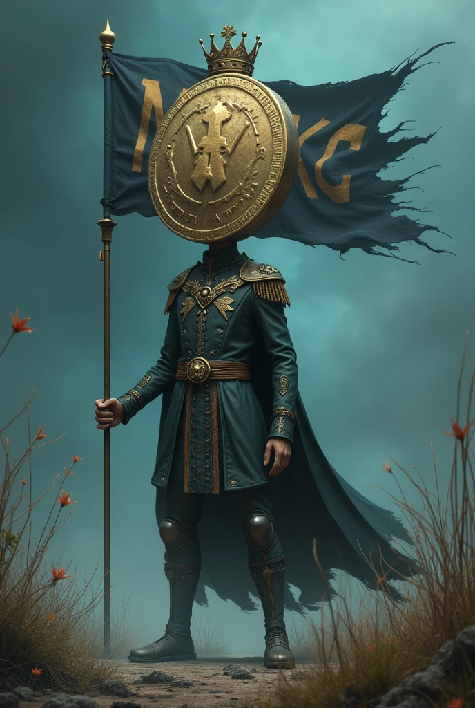 The king, whose head is very big and looks like a coin and has a crown, enters a land whose flag is written Mexc and the color of that land's flag is dark blue.
