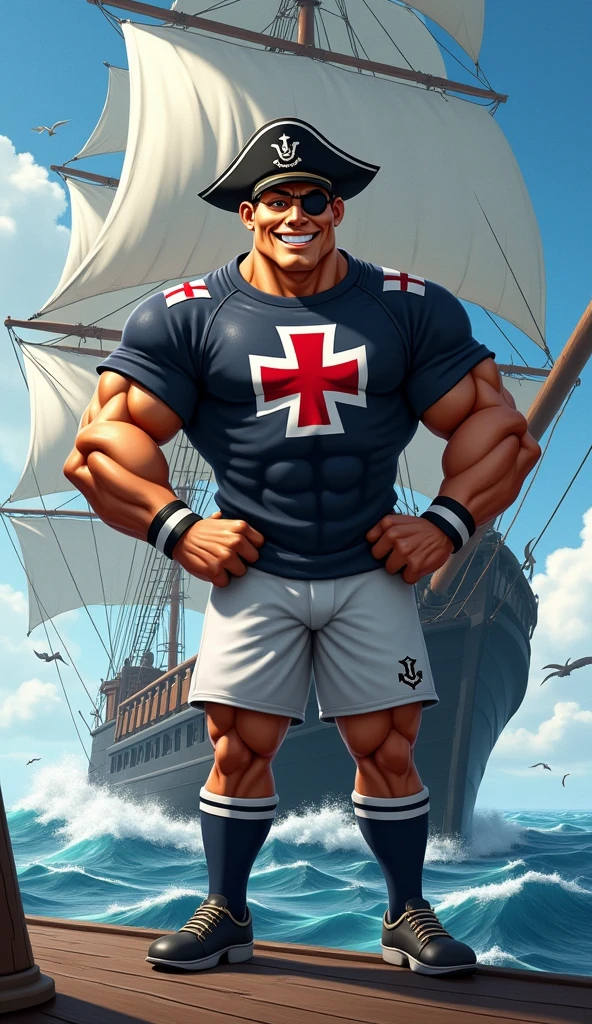 The mascot is an admiral, muscular, puffed-up chested, with an imposing appearance. He should be wearing a soccer uniform, a black shirt, with a white crossband, over the band a thick red Maltese cross on the chest, white shorts and socks, with a black admiral's hat with a thick red cross on the sides straight in the front. The admiral should be posing with a confident and friendly expression, wearing a black eye patch, on top of a large black slave ship in a high sea with waves, white sails flapping in the wind, birds flying in the sky.