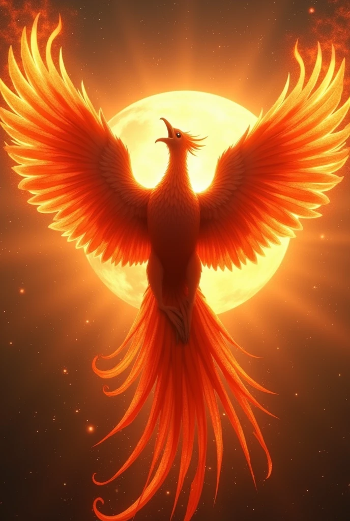 god々A fascinating close-up portrait of a beautiful large phoenix in bright light, Golden Light, The vibrant bokeh balls gently frame the delicate shape.. , The phoenix is a beautiful, fiery red.., Extremely realistic photos, (美しくgod秘的に発光する翼:1.5, A long tail like a peacock:1.4), ((Ultra-detailed sun flaring:1.6, With the sun at my back)), Flying in the sky, Facing forward, universe space, Very large and impressive adult bird, ((Realistic burning wings, Fire effect)), ((Singing with its beak wide open:1.4)),