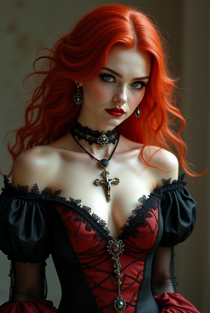 An incredibly beautiful toreador vampire, her hair is extremely red and her skin is white and delicate, she also has a lot of freckles, She is a powerful 6th generation vampire, She is Catholic and always wears her beautiful crucifix and heart necklace which is a gift from her beloved., she likes jewelry and high heels
