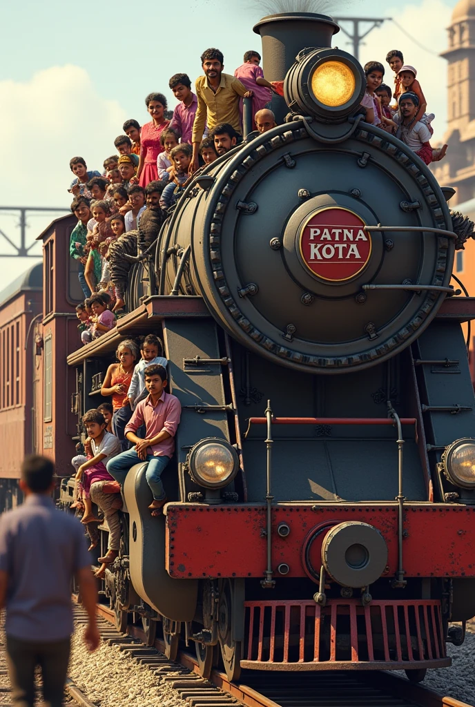 Create a 3d Train Make a photo of a train which is completely filled with passengers inside and outside, there should be passengers on top of the train and the name of the train should be Patna Kota.