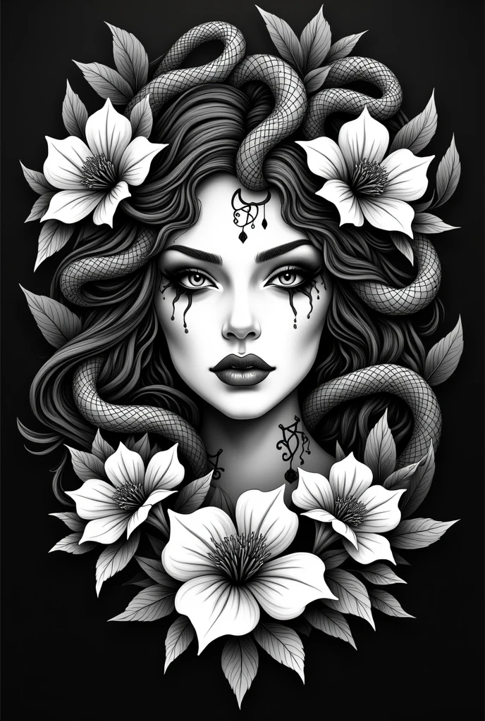 A black and white tattoo design of a Dark Medusa surrounded by flowers 