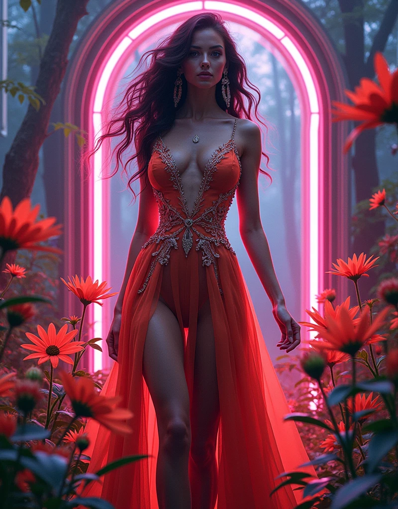 Imagine the powerful and graceful woman in an art nouveau setting, where vibrant neon flowers grow around her. The woman's dress must have bright tones and neon details, highlighting her imposing figure. Flowers should create a natural frame, adding a touch of delicacy to the scene. The image should be visually striking and full of life.