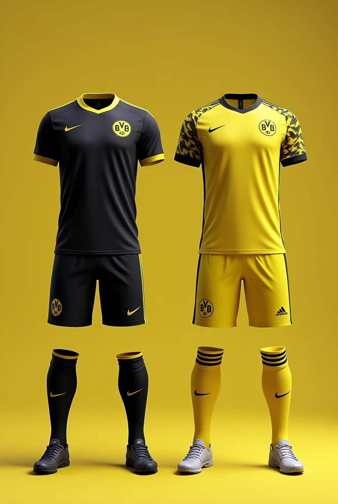 Create an image of an all black kit borrusia dortmund and generate a kaizer chiefs all yellow kit