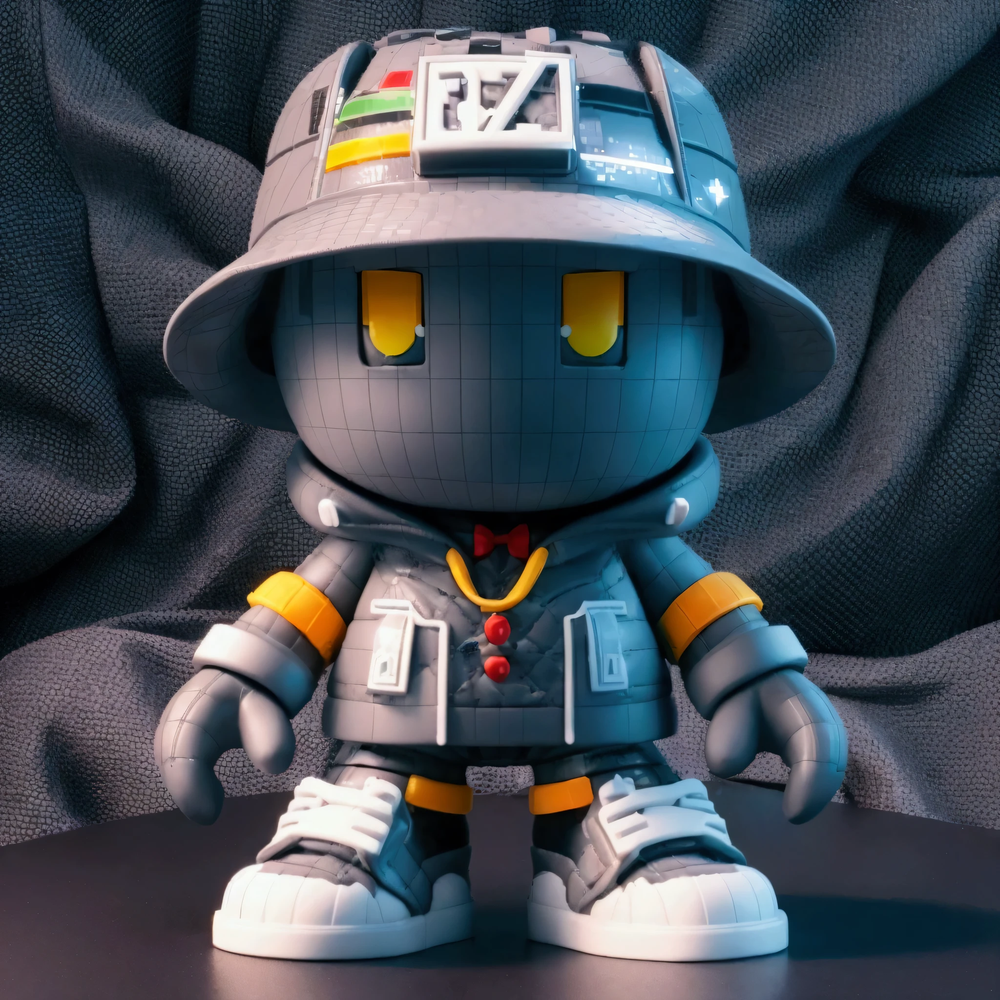 A highly detailed 3D rendered designer toy character with a unique pixel art style. Each small grid within the character's clothing and accessories contains meaningful text or symbols. The character NFTembodies Designer Toy, Vinyl Toy, Streetwear Style, Stylized Character, Fashionable Figurine, Hip Hop Influence, Detailed Accessories, Modern Toy Design, and Colorful Backgrounds.LIMITED EDITION（The background is black and white retro poster #Cinematography, Cinematography, Wide-angle lens, precise, 
