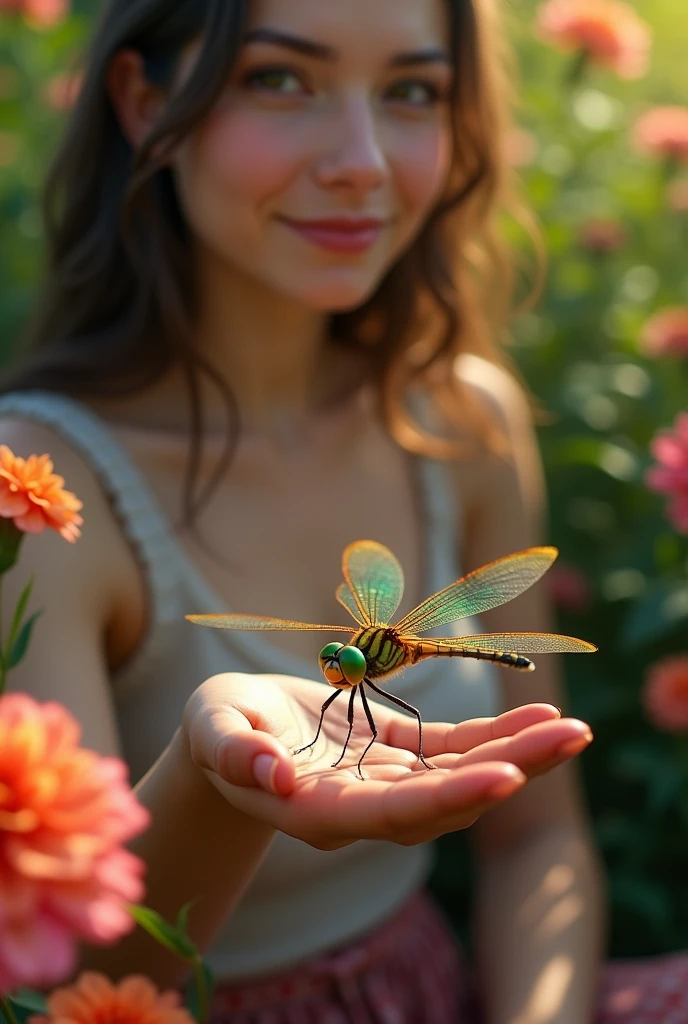 close-up of a colorful dragonfly, shimmering wings and bright green eyes, sitting on a woman's hand. The woman sits peacefully in her garden, surrounded by vibrant flowers and greenery, the scene capturing a moment of quiet reflection and natural beauty.