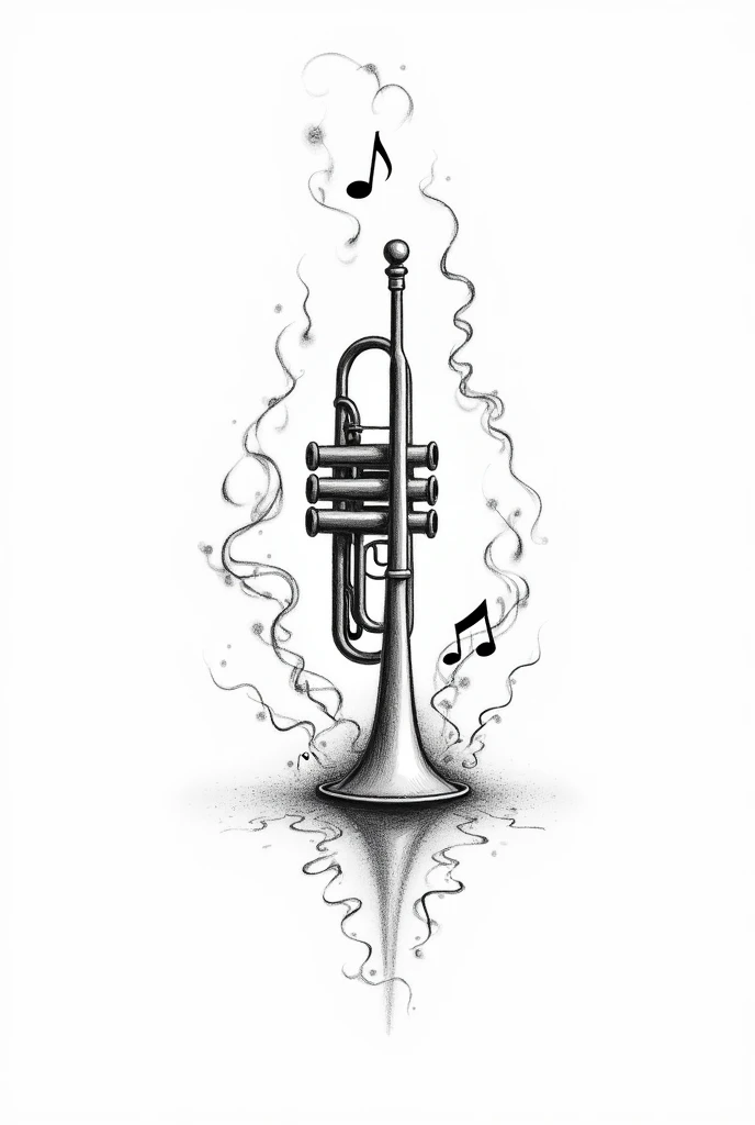 Black and white drawing of a downward facing trumpet with musical notes around it