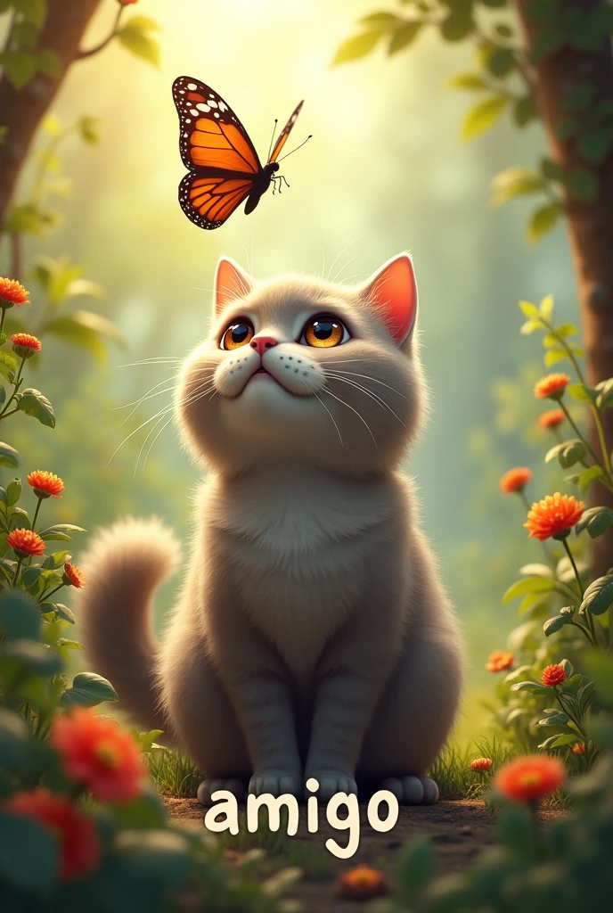 A friendly natural environment. In the middle sits a beautiful fat grey Persian cat with amber eyes. He looks up at a butterfly. Below it is the word Amigo