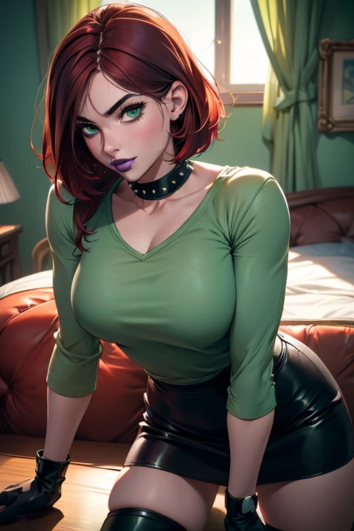 Masterpiece, beautiful art, professional artist, 8k, very detailed face, very detailed hair, 1girl, Rogue (RogueXME, short hair, two-tone hair, (red hair), (white bangs), green eyes, purple makeup, purple lipstick, medium breasts, smiling, choker, studded collar, ((green shirt)), miniskirt, leather skirt, gloves, boots), walking around the X-Mansion, hot, horny, aroused, blushing, thinking of her girlfriend, missing her lover, no labels, no branding, perfectly drawn body, beautiful face, very detailed eyes, rosey cheeks, intricate details in eyes, perfect fit body, beautiful body, extremely detailed, intricate details, highly detailed, sharp focus, detailed skin, realistic skin texture, texture, detailed eyes, high resolution, kodak vision color, foto_\(ultra\), post-processing, maximum detail, roughness, real life, ultra realistic, photorealism, photography, absurdres, RAW photo, highest quality, high detail RAW color photo, professional photo, extremely detailed UHD 8k wallpaper unit, best quality, highres, (masterpiece, top quality, high resolution:1.4), photo, cinematic, film grain, sharp, soft natural light, magic photography, super detailed