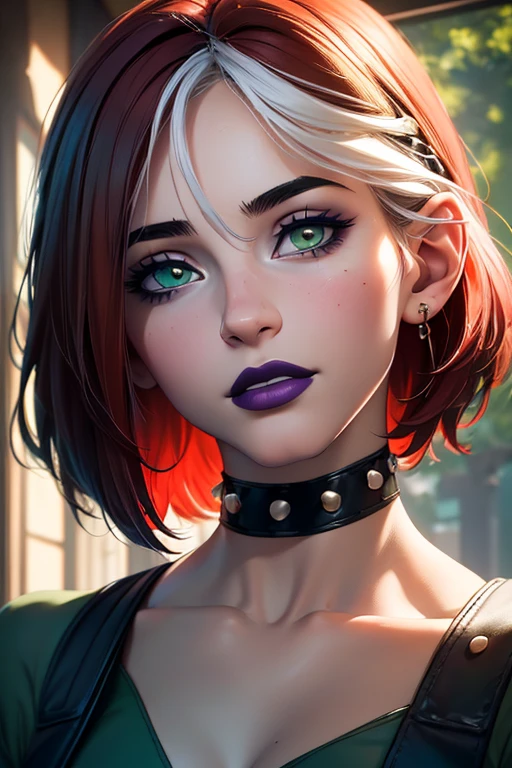 Masterpiece, beautiful art, professional artist, 8k, very detailed face, very detailed hair, 1girl, Rogue (RogueXME, short hair, two-tone hair, (red hair), (white bangs), green eyes, purple makeup, purple lipstick, medium breasts, smiling, choker, studded collar, ((green shirt)), miniskirt, leather skirt, gloves, boots), walking around the X-Mansion, hot, horny, aroused, blushing, thinking of her girlfriend, missing her lover, no labels, no branding, perfectly drawn body, beautiful face, very detailed eyes, rosey cheeks, intricate details in eyes, perfect fit body, beautiful body, extremely detailed, intricate details, highly detailed, sharp focus, detailed skin, realistic skin texture, texture, detailed eyes, high resolution, kodak vision color, foto_\(ultra\), post-processing, maximum detail, roughness, real life, ultra realistic, photorealism, photography, absurdres, RAW photo, highest quality, high detail RAW color photo, professional photo, extremely detailed UHD 8k wallpaper unit, best quality, highres, (masterpiece, top quality, high resolution:1.4), photo, cinematic, film grain, sharp, soft natural light, magic photography, super detailed