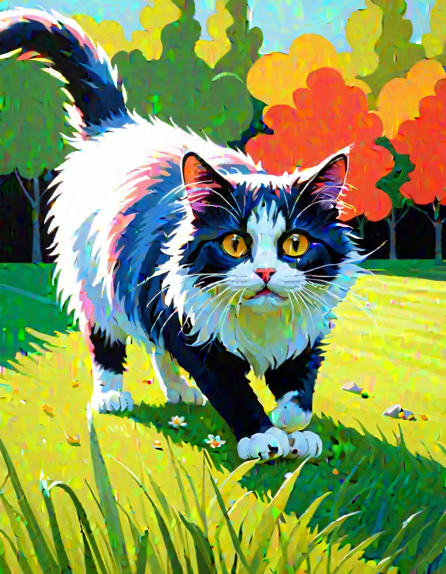 Masterpiece, best composition, dynamic composition, colorful landscape painting, cat on lawn,