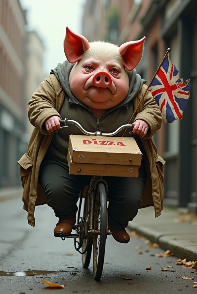 An ugly fat sad pig, doing pizza delivery, on a broken old bike, with a UK flag waving, pizza written on pizza boxes, boxes, torn clothes 