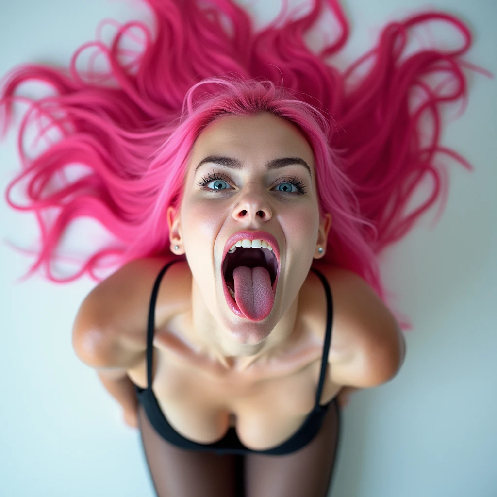 woman standing front white transparent plastic pantyhose ,tongue out, bright blue eyes, photo from above, long pink hair, orgasm, open eyes