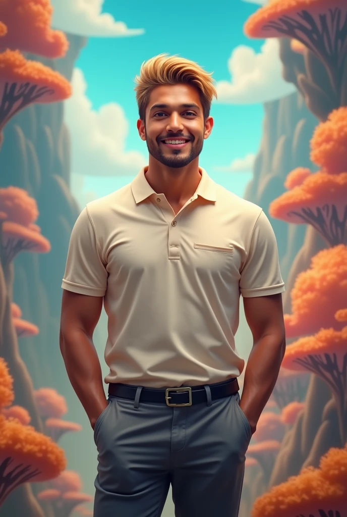 Create a realistic portrait of a 2 man with golden hair styled in a simple Nepali style, brown eyes, wearing a formal polo shirt and formal gray pants. The person is posing for a professional photo in a fantastical world background. The scene should be cheerful, with vibrant colors and imaginative elements that evoke a sense of wonder."