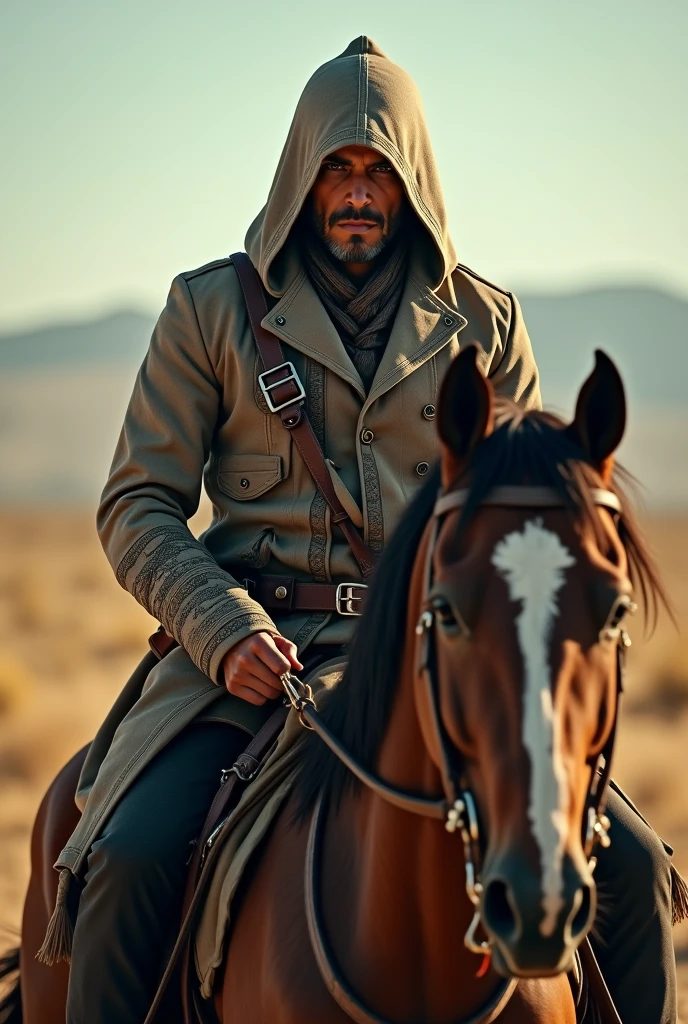 1 male figure, Pancho Villa, Mexican revolutionary outfit with hoodie, assassin's creed style, riding horse, large open plain, cinematic composition, realistic, highly detailed, photorealistic, 8k, HDR, dramatic lighting, vivid colors, moody atmosphere, epic scale, intricate details, sharp focus, professional rendering
