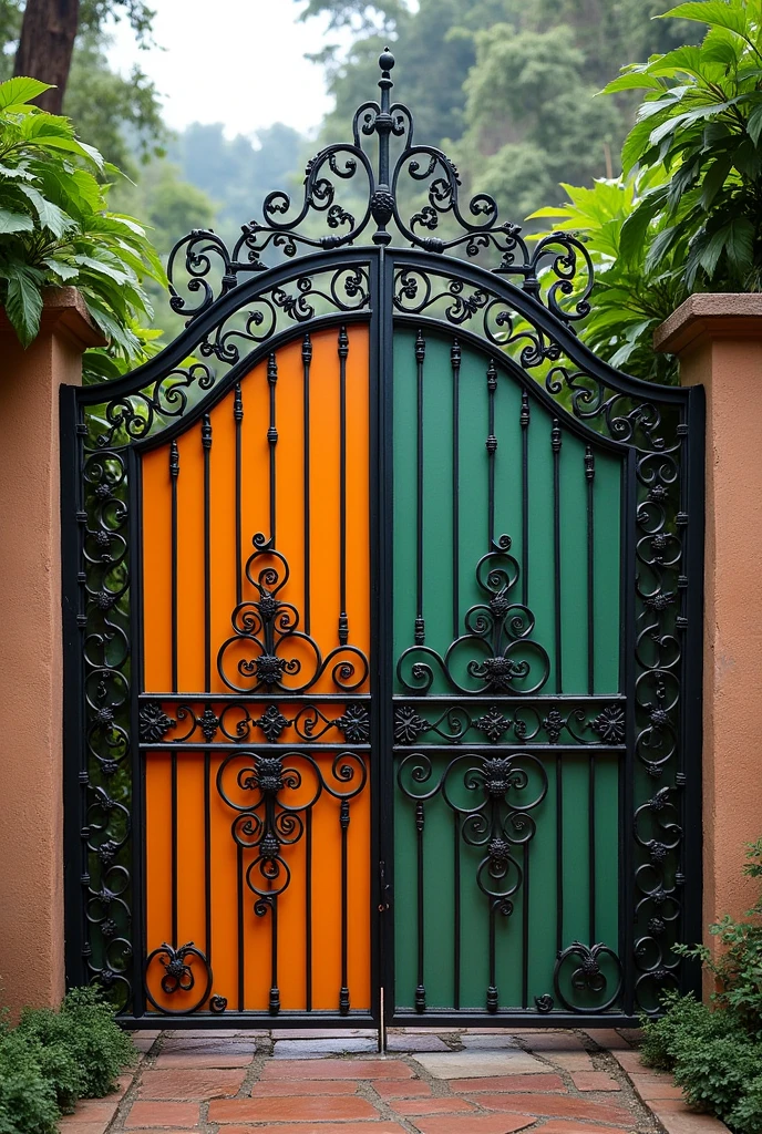 Wrought iron gates, rustic, of two bright colors, with name at the top that says FINCA NOTRI, with simple and elegant lettering, that refers to the Peruvian jungle