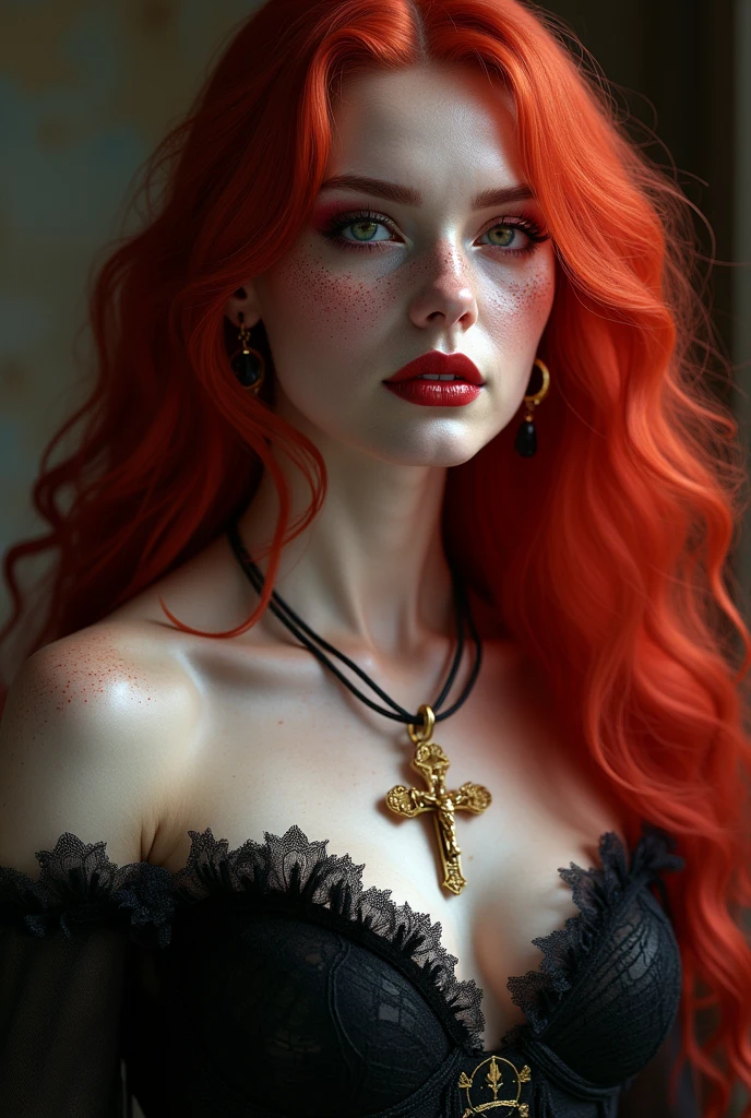 An incredibly beautiful toreador vampire, her hair is extremely red and her skin is white and delicate, she also has a lot of freckles, She is a powerful 6th generation vampire, She is Catholic and always wears her beautiful crucifix and heart necklace which is a gift from her beloved., she likes jewelry and high heels