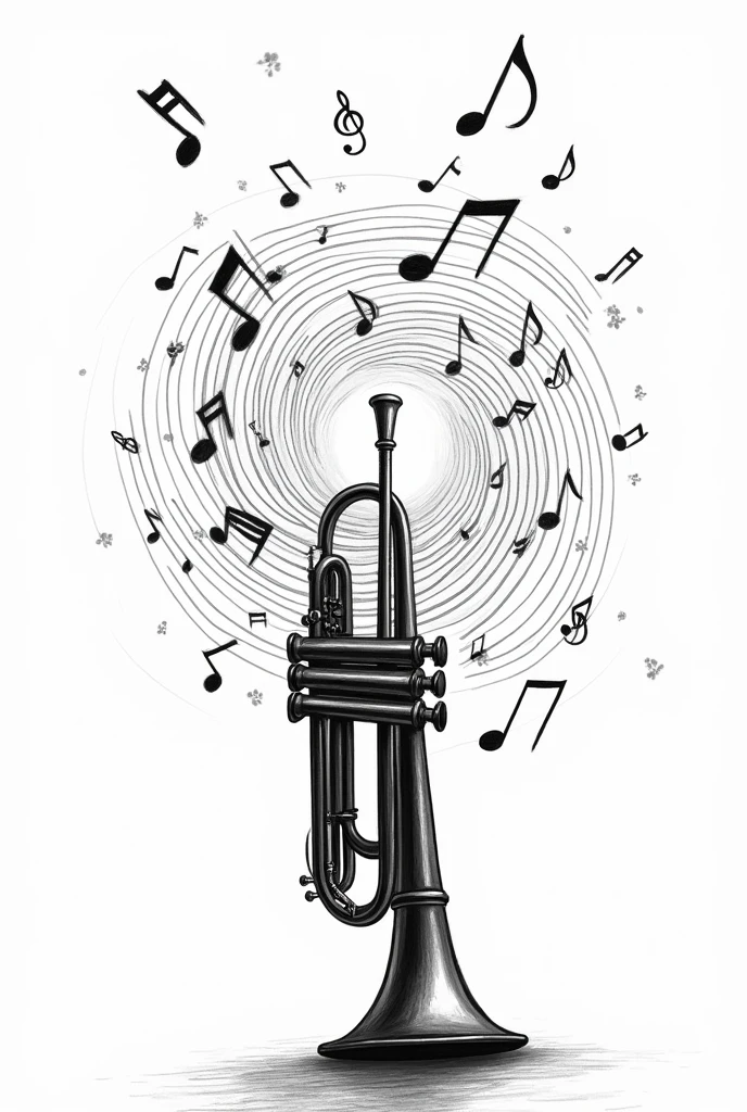 Black and white drawing of an upward facing trumpet with many musical notes around it