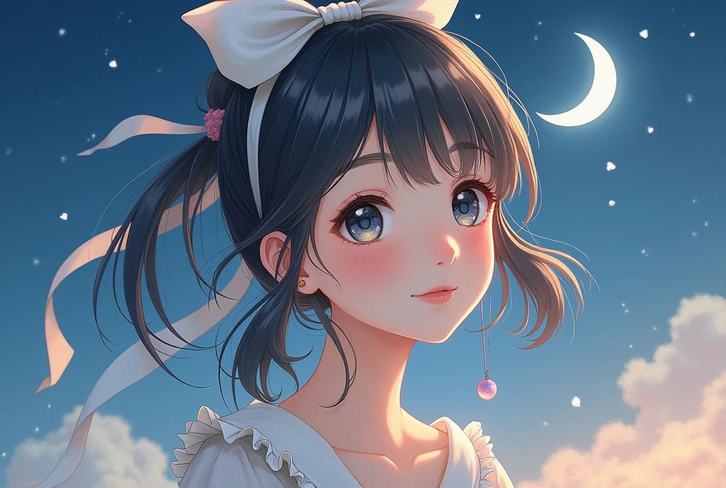 one girl, Silver month smile, Slight smile, ribbon, Anime,