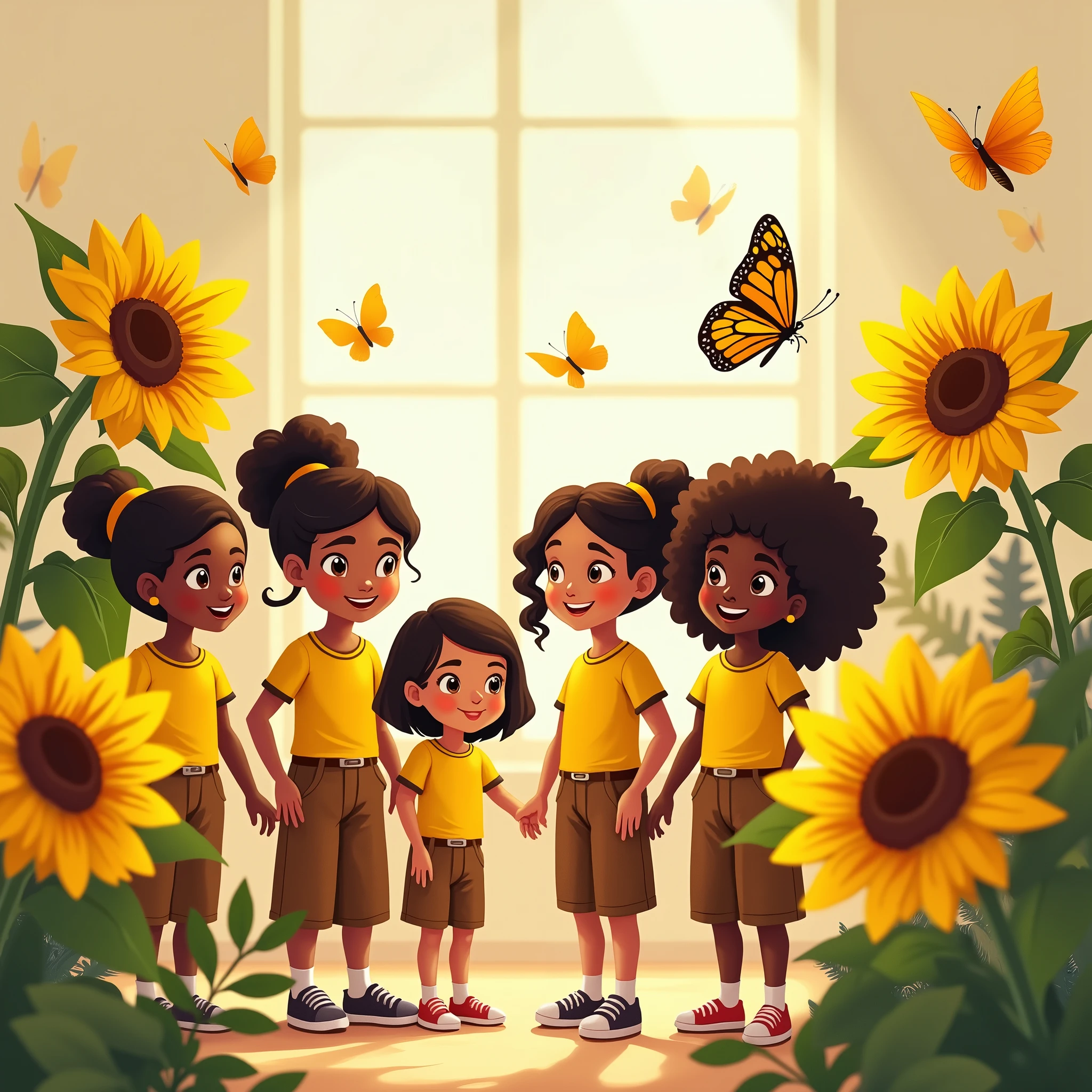 vectors, sunflowers, white girls, Dominican children, medium and small, brown pants, yellow shirt, school, yellow butterflies