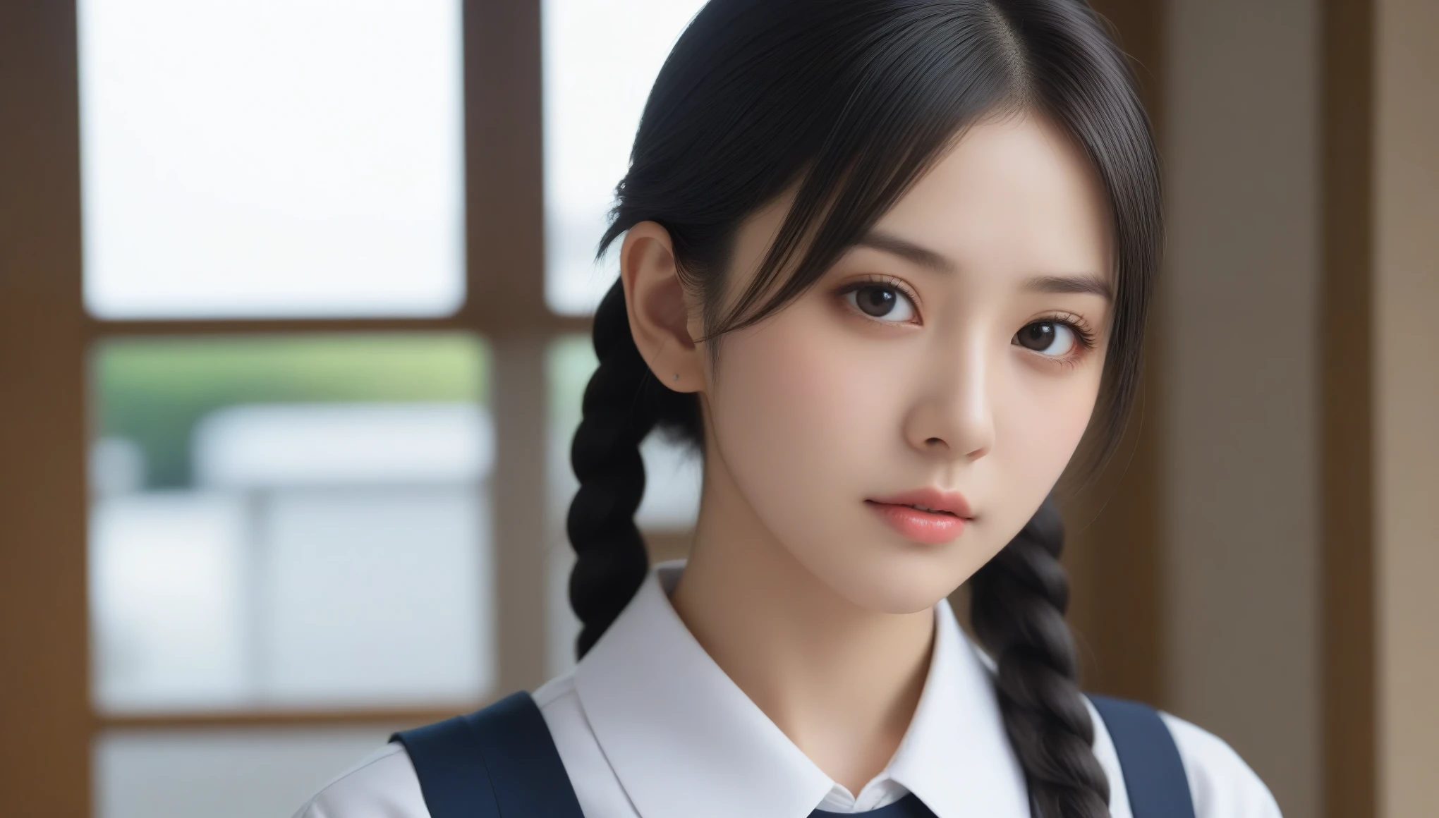 8k, Ultra-high resolution, Highest quality, masterpiece, 三分割法によるphotograph,Surreal, photograph,One Woman, (:1.3), cute, cute顔, 細部までBeautiful Eyes, 細かくdetailedに,masterpiece,One Girl:1.2,Japanese women,kindergarten,close up,glaring,Black hair,braid,(twin braids:1.0),ID photo,(kindergarten uniforms:1.3),Eccentric,Future City,white collar,((Fusion of fashion and gothic)),(Beautiful attention to detail),Subtle details, detailedな顔,anger,Attractive eyes,(ポートレートphotograph:1.4),(Photorealistic images:1.4),Fantasy art,(Beautiful Face:1.4),美しくAttractive eyes、Beautiful Eyes,Silver residue,(Tight waist:1.4)、(Beautiful with perfect body proportions:1.4),Pink Lips,profile,(((Ideal body type))),A-cup small breasts :2,、Portraiture:2、Perfect Anatomy、鮮明なdetailed、detailed,Fashion magazine cover,Thin lips,完璧でBeautiful Face ,完璧でcute顔, Skin with attention to detail, Perfect limbs、Narrow waist,Surreal,Light and shadow,spotlight