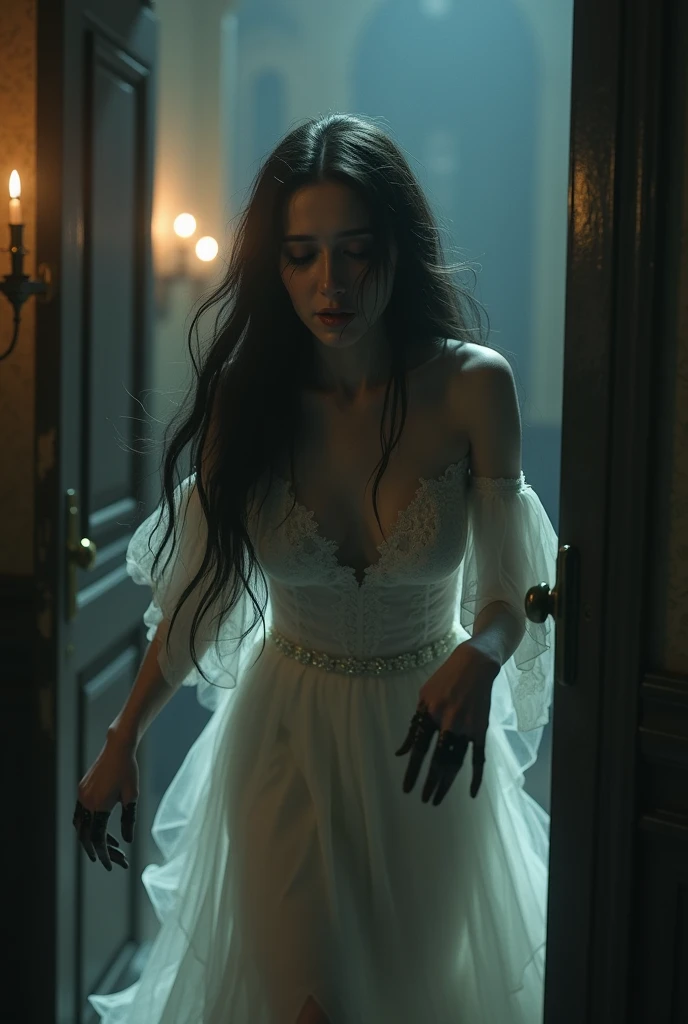 Photo realism, bride hearing, door, sad candlelight, running, long black calluses, tears in the eyes pain. Dark Long Hair, High Resolution, Tears, Side View, Blurred, Impressionism, 3D Rendering, Art Nouveau, Apocalypse, Artistic, Cinematic, Character Design,