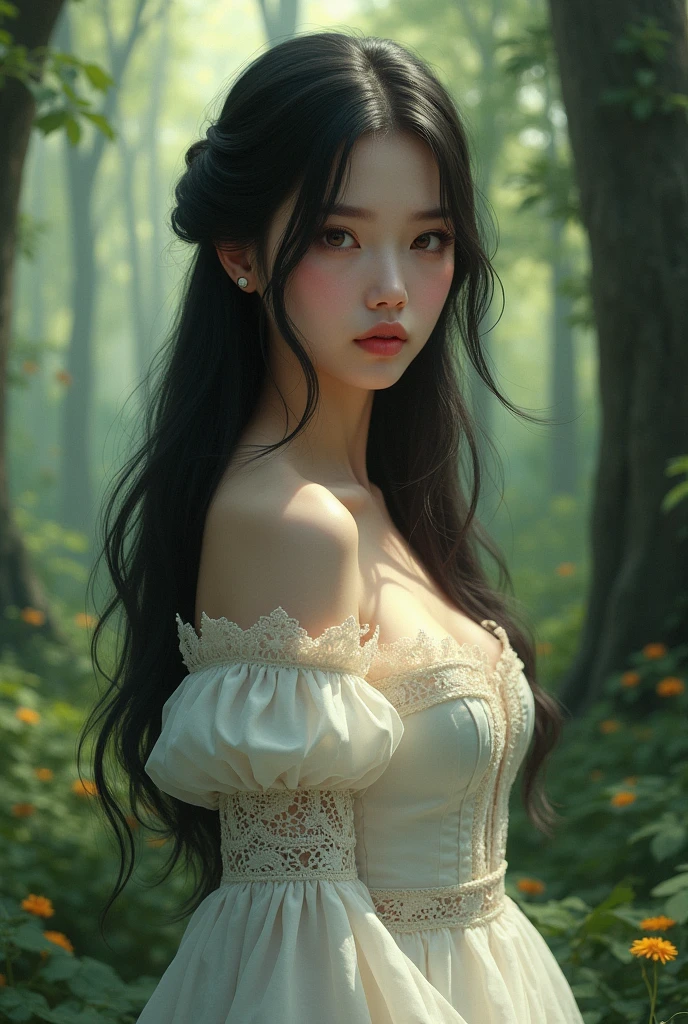 girl with long black hair,Brown eyes, White skin , big lips, surrounded by trees, in a white Victorian style dress, side stand