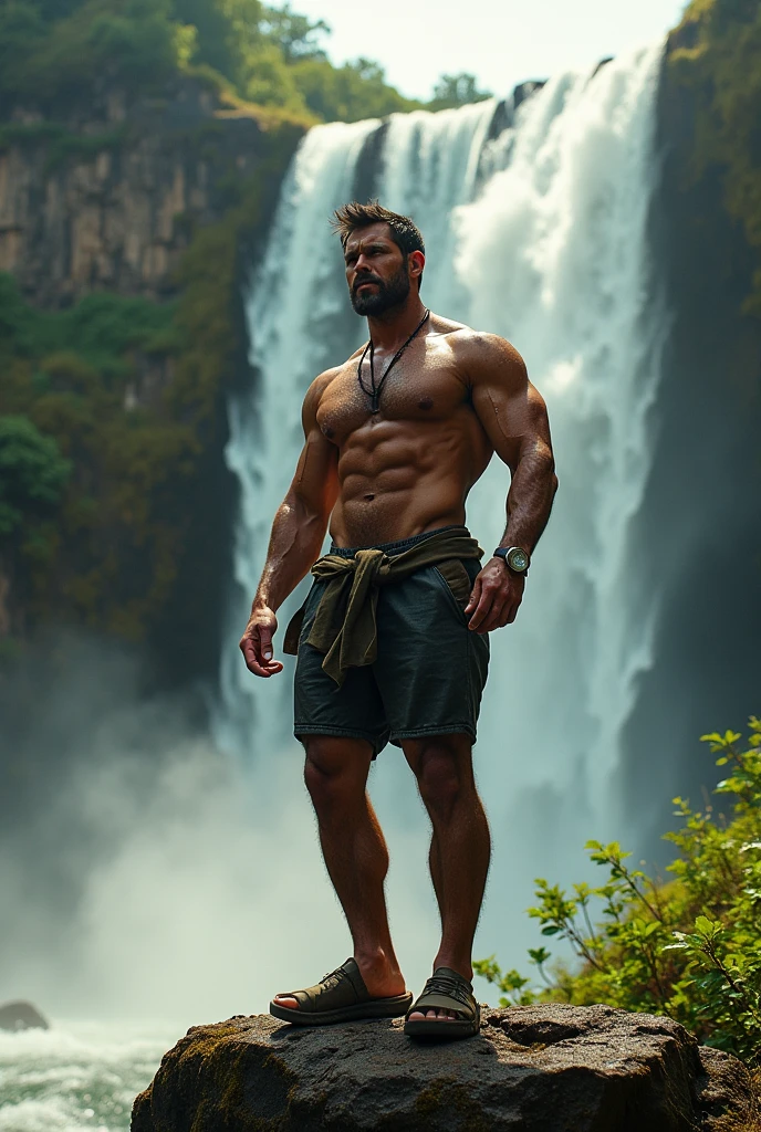 epic photo on top of a waterfall muscular man