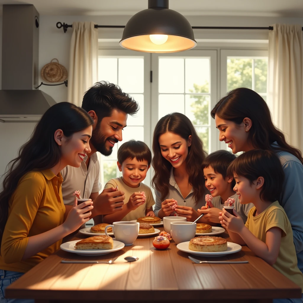 A hyper-realistic image of a Latin American family having breakfast in a large kitchen. The scene must include six people: the parents, two children, and two grandparents, all of Latino descent, with no white individuals. Everyone is shown enjoying chocolate as part of their breakfast. The kitchen is modern and well-lit, with natural light streaming in through large windows. The grandparents are clearly visible, interacting warmly with the children and parents. The image should capture detailed expressions and vibrant colors, emphasizing the joyful connection between the family members as they share a meal together.