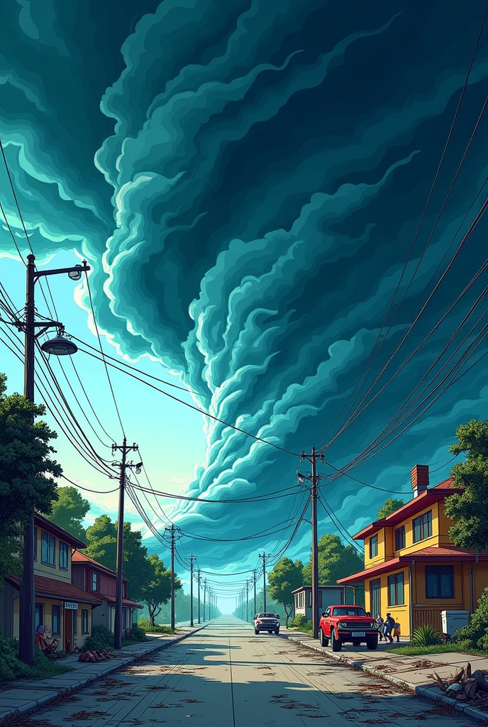create a hurricane destroying in cartoon