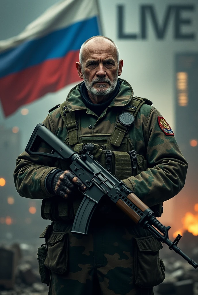 Yevgeny Prigozhin, male 6, dressed in military camouflage clothing, Kalashnikov assault rifle in hands, Defender and Hero of the Russian Federation, behind the back is the background of a night city destroyed by war, smoke and fog. in the background it is written in large letters "Prigozhin Live Elephant". The Russian flag flutters in the wind. realistic quality.