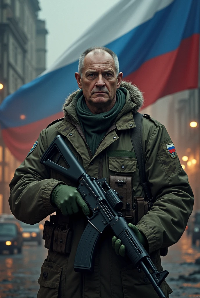 Yevgeny Prigozhin, male 6, dressed in military camouflage clothing, Kalashnikov assault rifle in hands, Defender and Hero of the Russian Federation, behind the back is the background of a night city destroyed by war, smoke and fog. in the background it is written in large letters "Prigozhin Live Elephant". The Russian flag flutters in the wind. realistic quality.