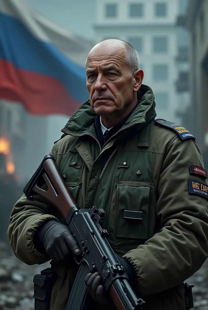 Yevgeny Prigozhin, male 6, dressed in military camouflage clothing, Kalashnikov assault rifle in hands, Defender and Hero of the Russian Federation, behind the back is the background of a night city destroyed by war, smoke and fog. in the background it is written in large letters "Prigozhin Live Elephant". The Russian flag flutters in the wind. realistic quality.