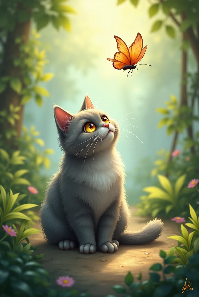 A friendly natural environment. In the middle sits a beautiful fat grey Persian cat with long fur and amber eyes. He looks up at a butterfly. Below it is the word Amigo